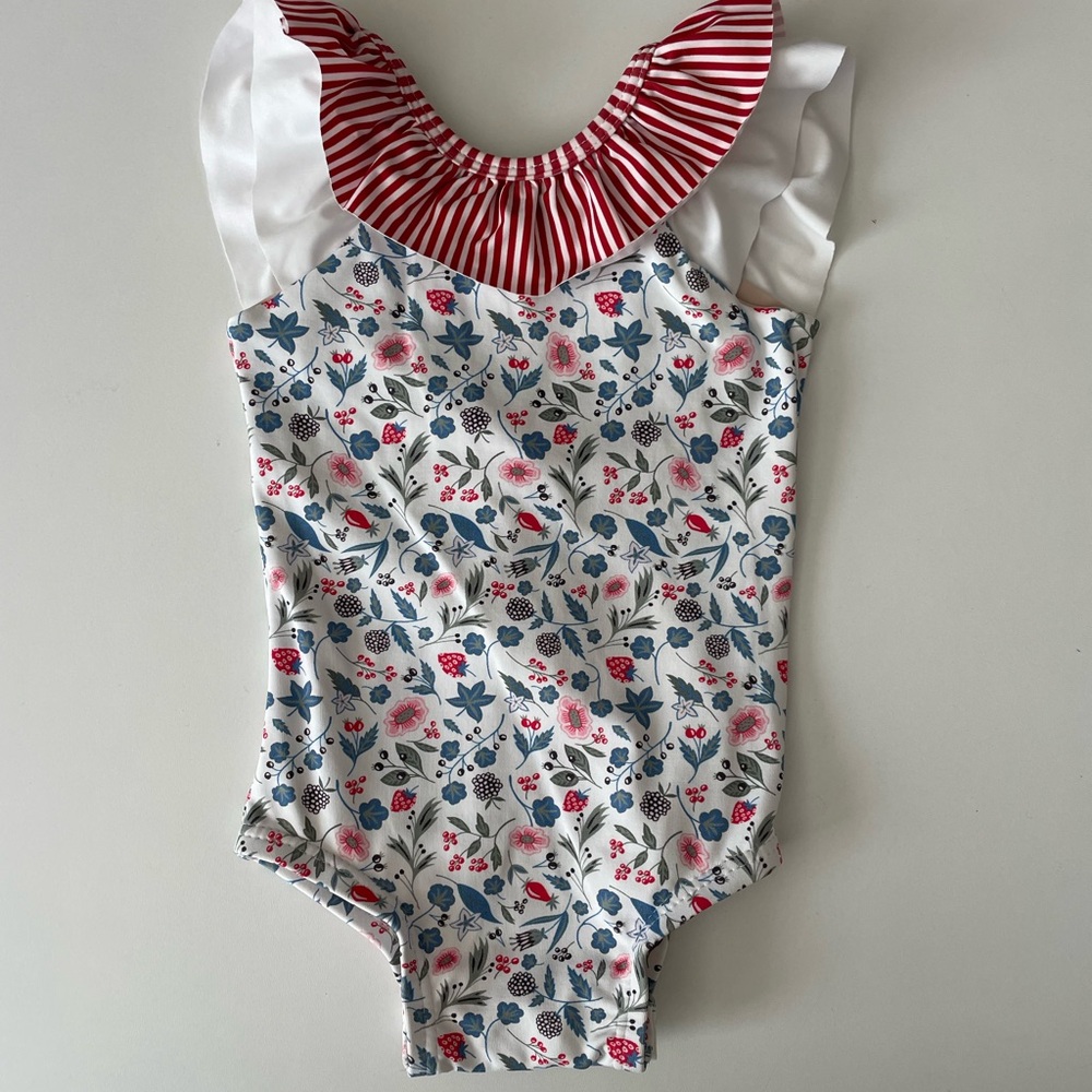 Bella Bliss Beige Bodysuit with Red Striped Trim